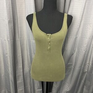 VTG‎ Y2K Old Navy Tank Top Womens S Olive Green Ribbed Henley Fitted Scoop Neck